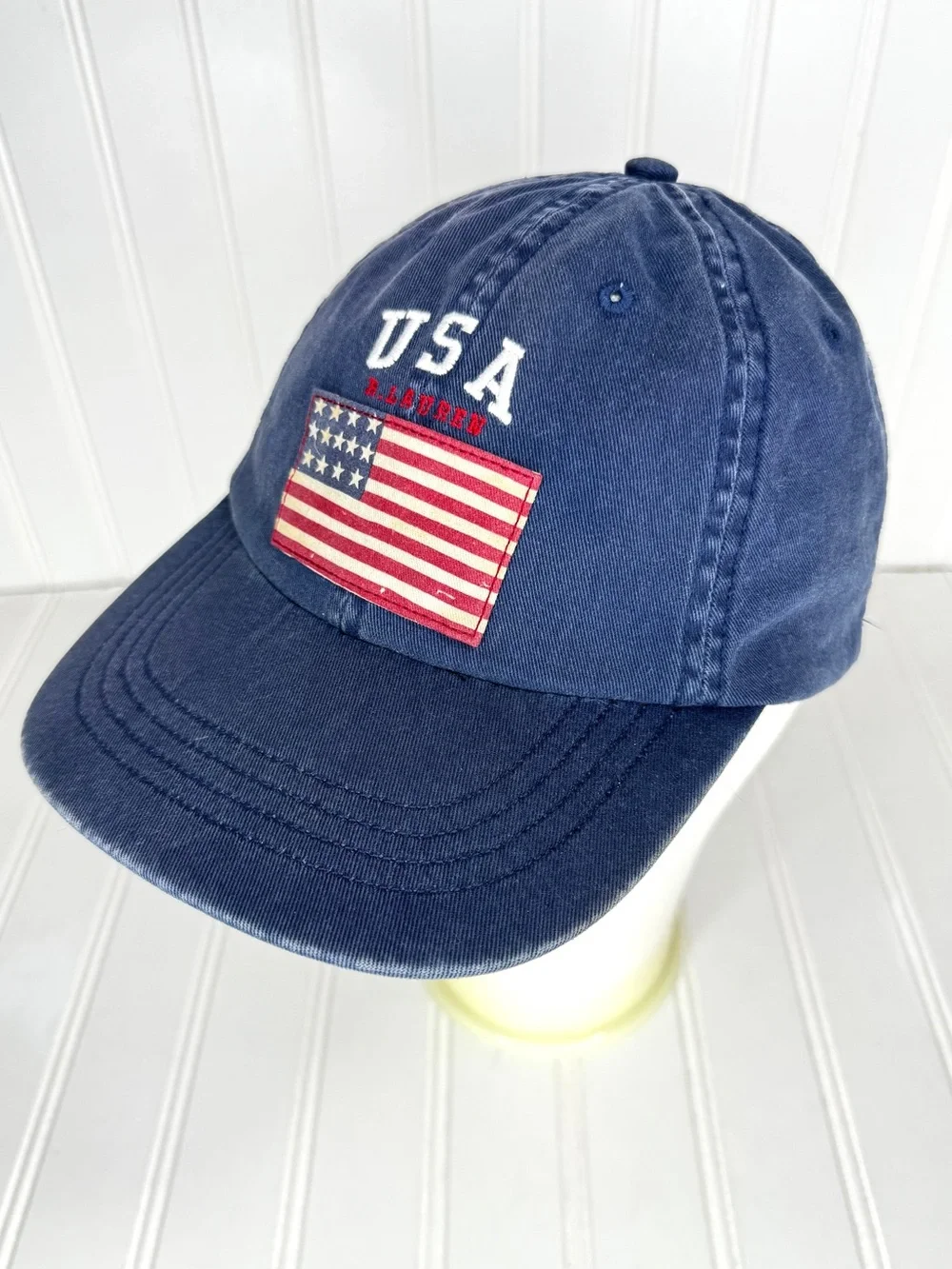 Vintage Polo Ralph Lauren Hat Blue Flag USA Baseball Cap 1990s Strapback Faded